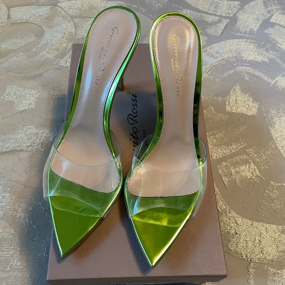 GIANVITO ROSSI Elle 85 PVC Heels Metallic Kiwi Green Sz 38 - Picture 2 of 6